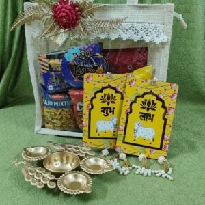 DGHamper - 107 | Ethnic Diwali Gift Hamper with Snacks, Diyas & Décor in Designer Jute Bag | Blessico