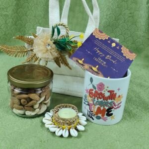 DGHamper - 108 | Elegant Diwali Gift Hamper with Dry Fruits, Designer Mug & Candle Holder in Mini Jute Bag | Blessico